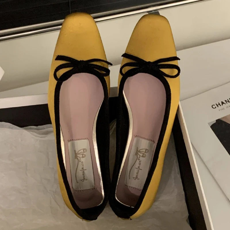 Satin Round Toe Bowknots Flat Shoes Vintage Brand Designe Open Heel Sweet Party Dress Square Heel Loafers