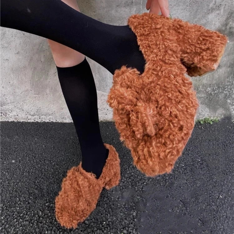 White Teddy Curly Fur Shoes High Heels with Velvet Outer Wear Thick Heels Mary Jane Single Shoes