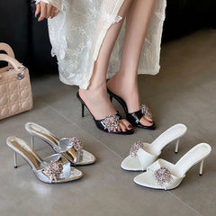Rhinestones Super High Heels Pumps Shoes Slides Round Toe Party Thin Heels Shoes