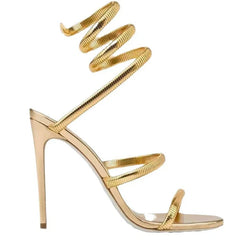 Metal Gold Snake-Shaped Wrapped Ankle Sandals Woman Sliver Open Toe High Heels Wedding Bridal