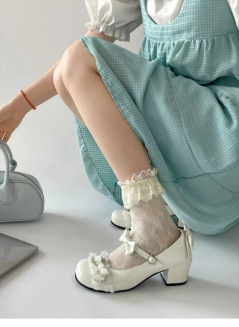 Cute Lace JK Mary Jane Shoes Butterfly-knot Leather Shoes Outdoor Party Dress Pumps