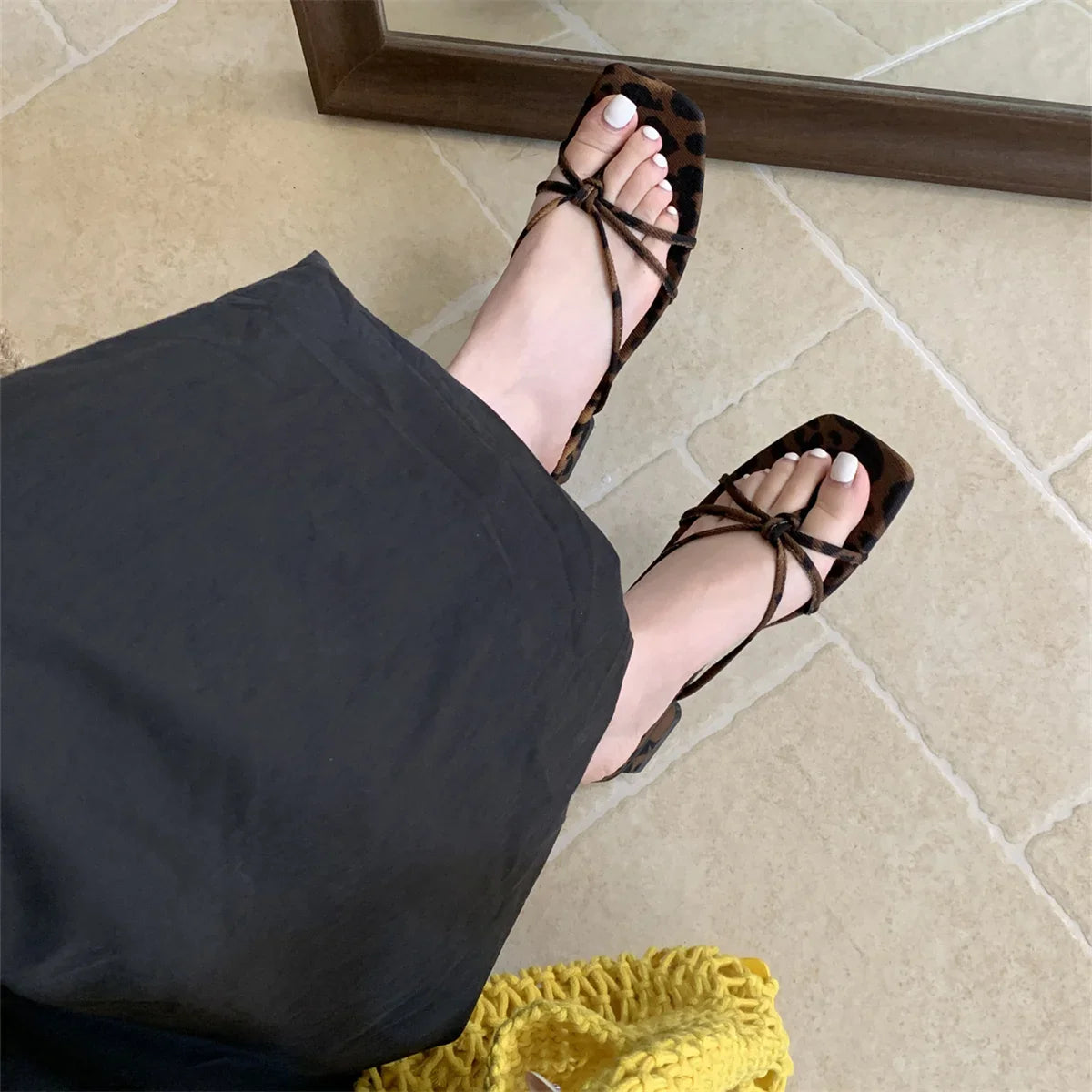 Rubber Flip Flops Leopard Shoes Clogs Woman Cross-Tied Slippers Square Toe Slides Hawaiian Beach Soft Block l