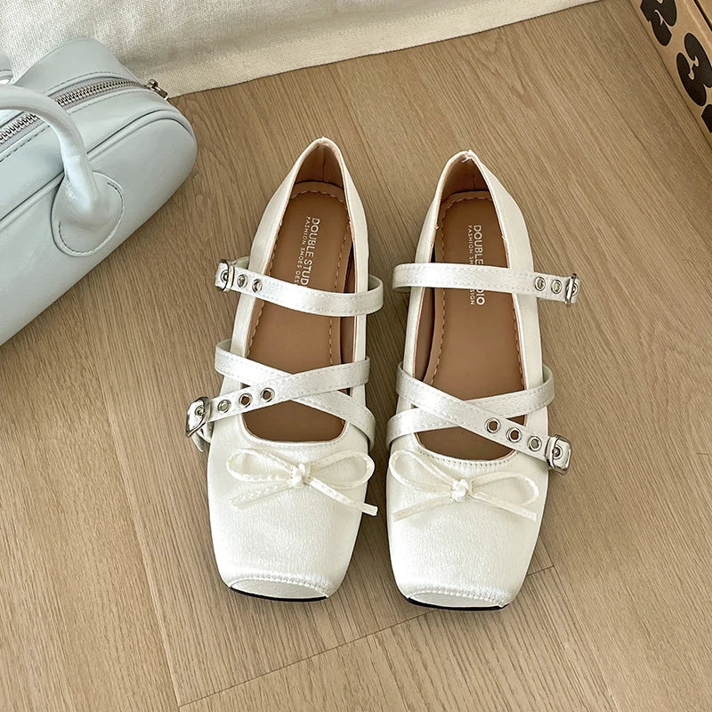 Butterfly-knot Flat Mary Jane Comfort Soft Sole Elegnat Square Toe Dress Ballets Shoes