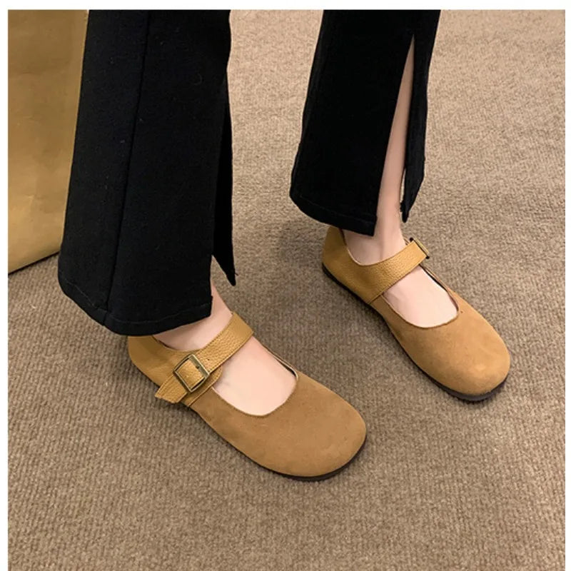 Leather Buckle Low Heel Mary Jane Shoes Soft Sole Casual Flat Shoes