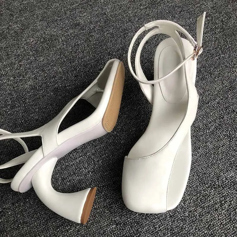 Leather Sandals Square Toe Ankle Strap Chunky Heel Elegant Party Evening