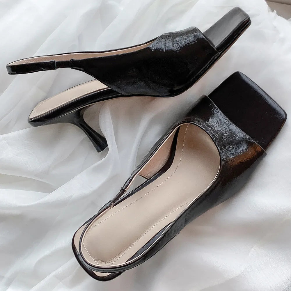 genuine leather thin high heel square toe slip-on sandals elegant evening dress pumps heels daily shoes