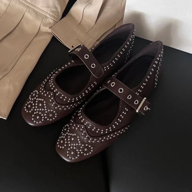 Retro Rivet Mary Jane Shoes Belt Buckle Round Toe Ballet Flats Comfortable Soft Sole Flat Shoes Zapatos De Mujer