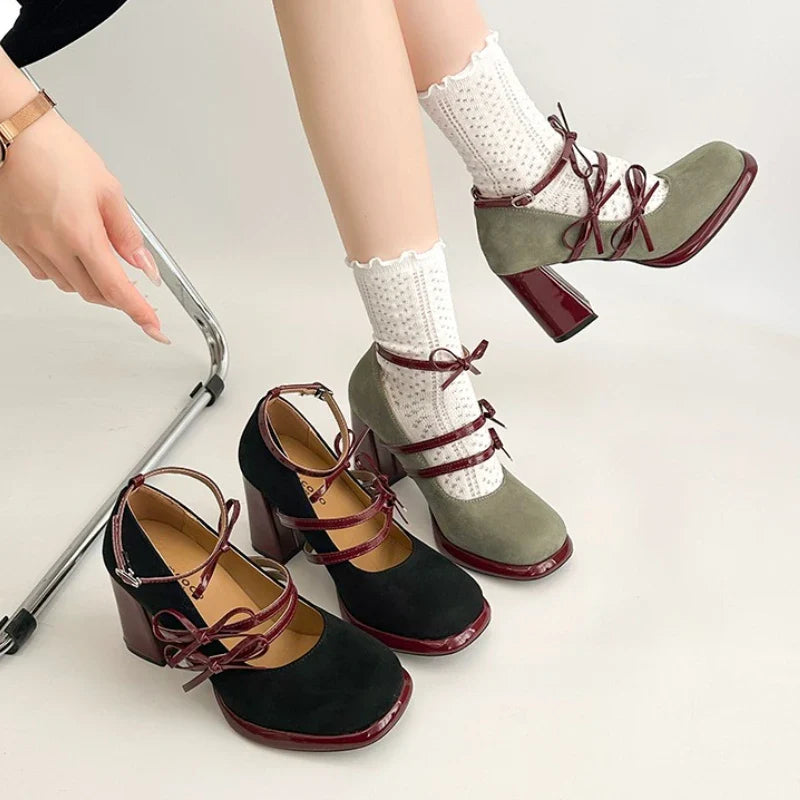 Thick Heel Mary Jane Shoes Butterfly-knot Buckle Strap Shoes Elegant Party Dress Pumps
