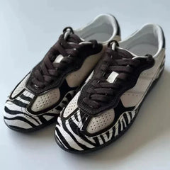 Zebra Stripes Flats Sports Shoes Leather Patchwork Breathable Sneakers Casual Lace Up Comfort Running Shoe