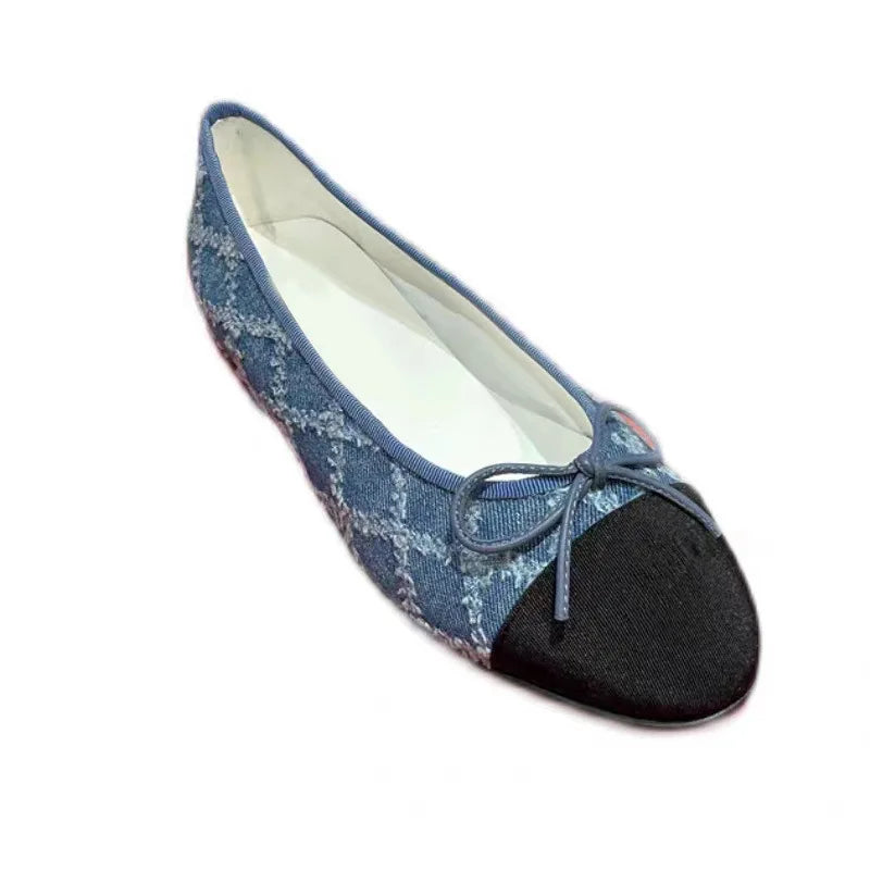 Blue jeans bow flat shoes woman round toe cloth patchwork flats plaid sewing moccasins denim loafers