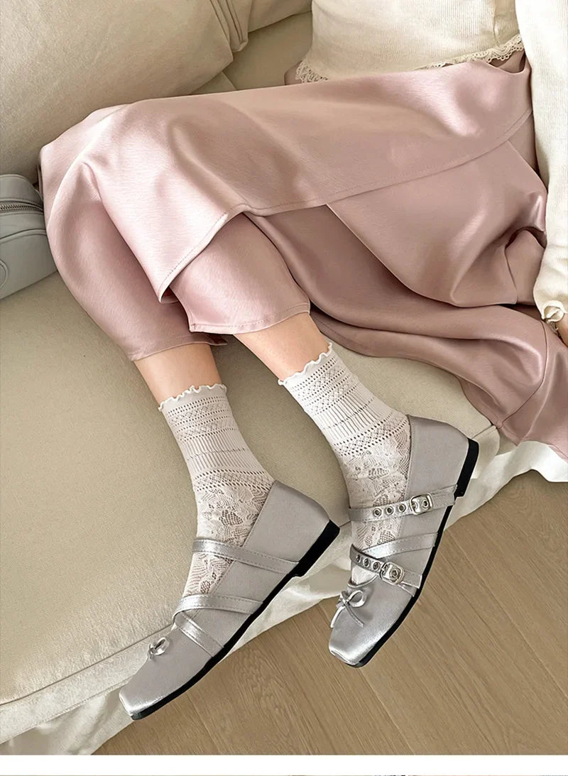 Butterfly-knot Flat Mary Jane Comfort Soft Sole Elegnat Square Toe Dress Ballets Shoes