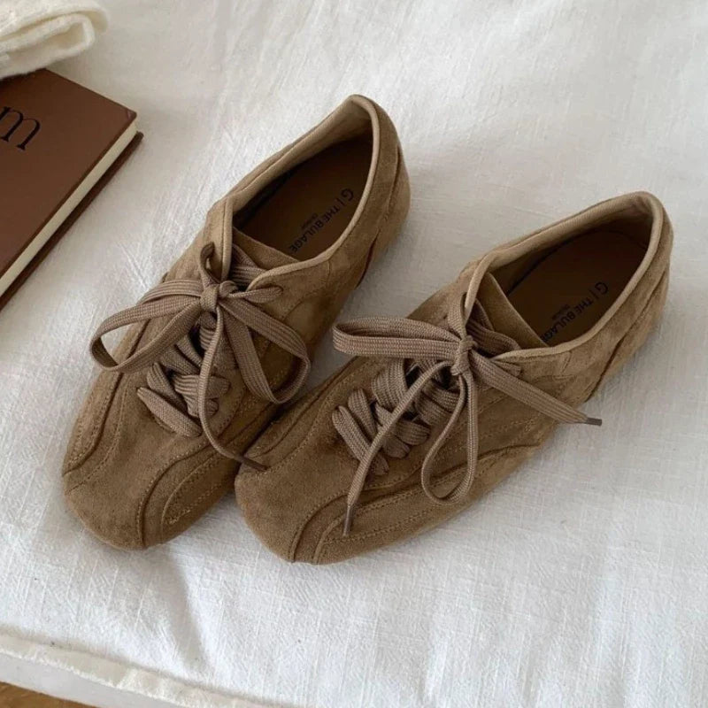 Suede Retro Lace Up Casual Flat Shoes Comfort Shallow Footwear Brown Brand Ballet Sneakers