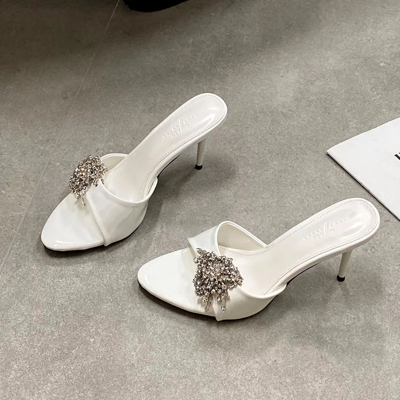 Rhinestones Super High Heels Pumps Shoes Slides Round Toe Party Thin Heels Shoes