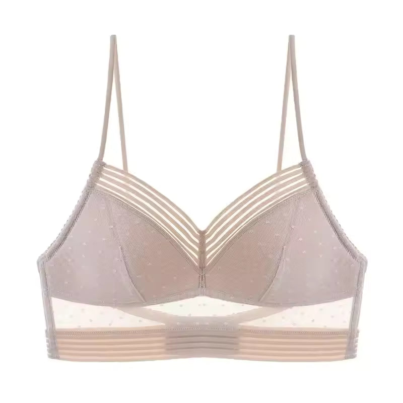 Lace Backless Strapless Wire Free Thin Dots Mesh Lingerie Brassiere Low Back Underwear