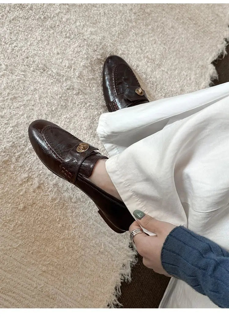 Genuine Calfskin Slip On Round Toe Square Heel Shallow Casual Outdoor Shoes