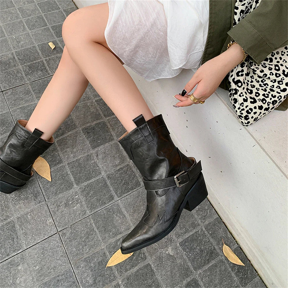 Ankle Boots Genuine Leather Chunky High Heels Shoes