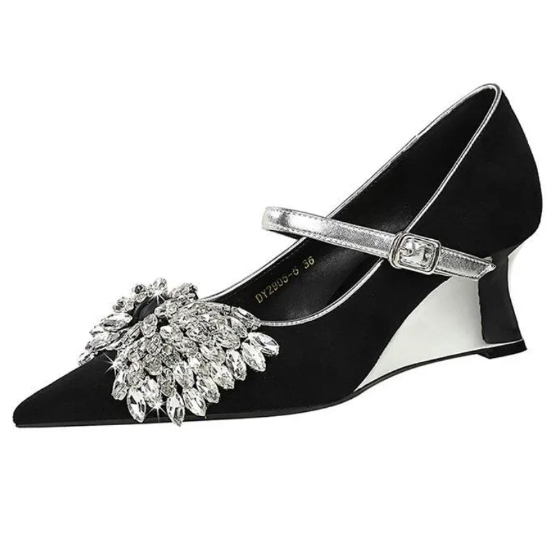 Rhinestone Design Wedge Shoes Shallow Elegant Pointed Toe Pumps Diamond Butterfly-knot High Heels Zapatos De Mujer