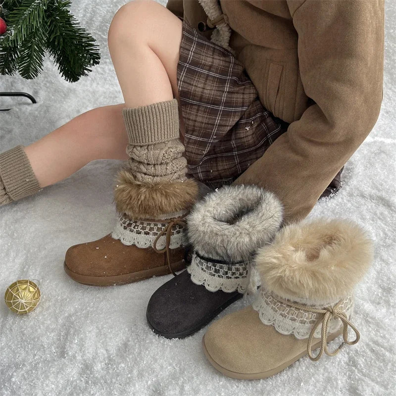 Sweet Lace Decoration Furry Suede Snow Boots Thick Bottom Fluffy Fur Ankle Boots Warm Plush Shoes