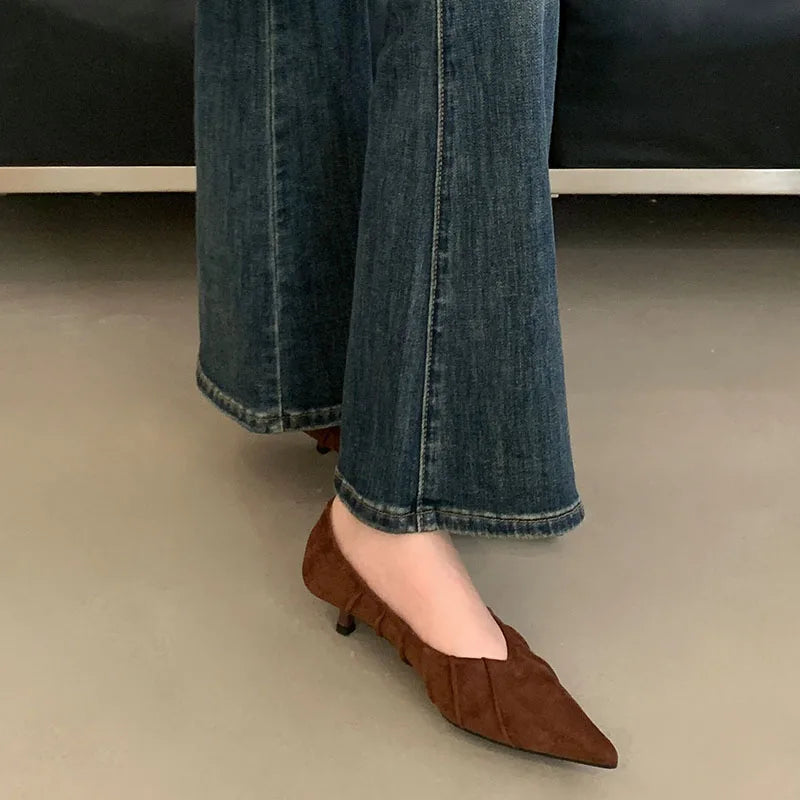 Brand Shoes Pleated Pointed Toe Shallow Slip On Boat Shoes Thin Low Heel Single Shoes