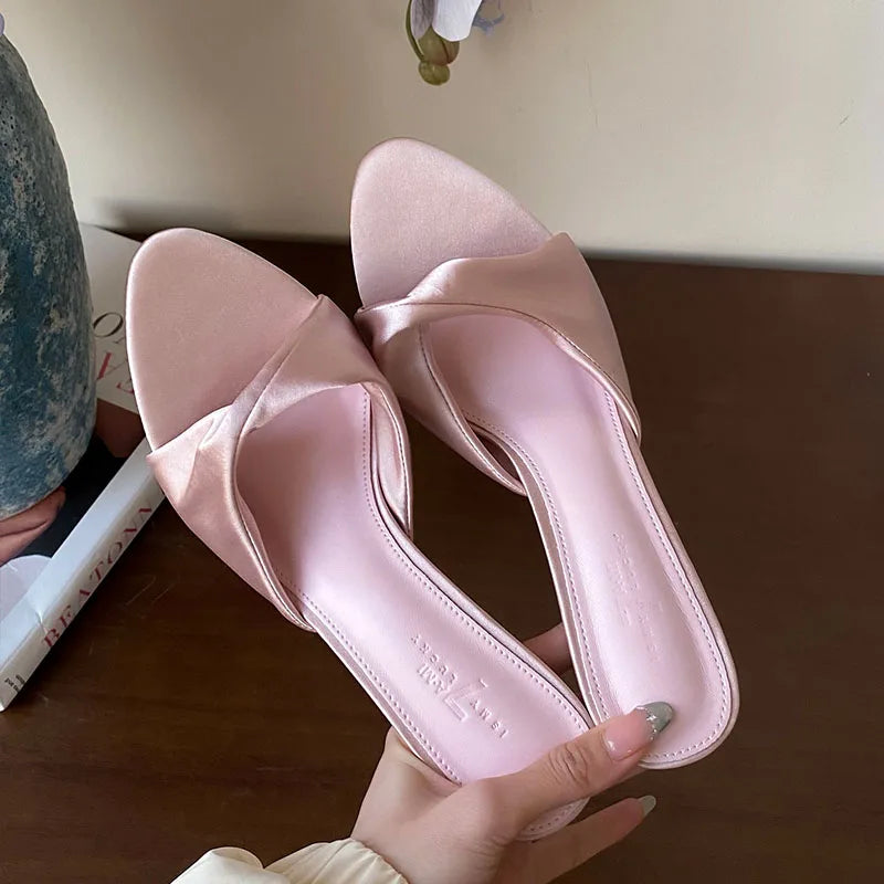 Silk Thin Heels Pumps Slides Shoes Slip Round Toe High Heels Shoes