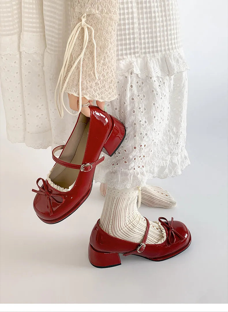 Thick Heel Mary Jane Shoes Concise Butterfly-knot Single Shoes Elegant Dress Leather Pumps