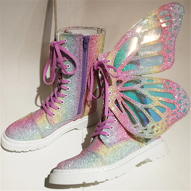 Shine Silver Real Leather Flat Sneakers Butterfly Wings Shoes Lace Up Ankle Boots High-top Leisure Platform Shoes