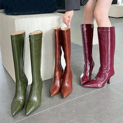 Pointy Toe Knee High Boots High Quality Leather High Heel Boots