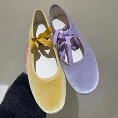 Bow Bandage Velvet Flats Shoes Elegant Round Toe Shallow Ballet Shoes Casual Streetwear Mary Janes