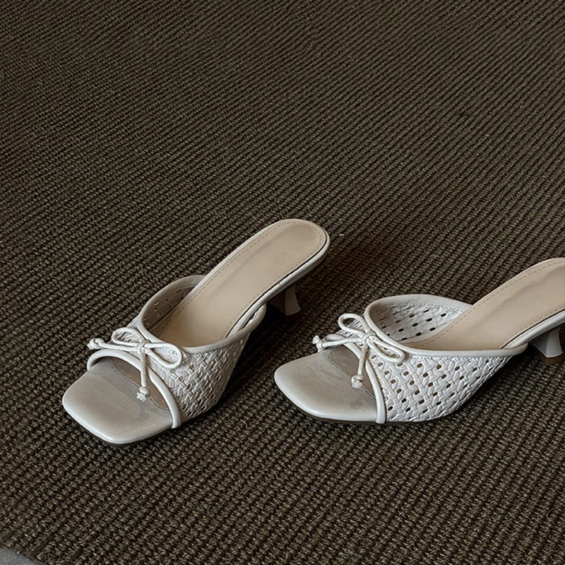 Butterfly-knot Woman Slippers High Heel Slides Concise Party Dress Shoes