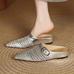 Weave Pointed Toe Slippers Flats Mules Shoes Dress Slingback Shoes Casual Flip Flops De Woman