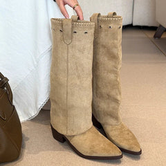 Vintage Thick Heel Western Cowboy Boots Button Combination Splicing Shoes Pipe Long Booties
