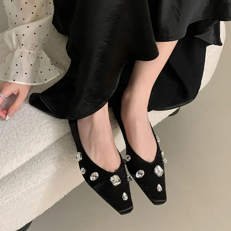 Pink Rhinestones Silk Flats With Shoes Soft Shallow Footwear Crystal Slip On Flats Shoes