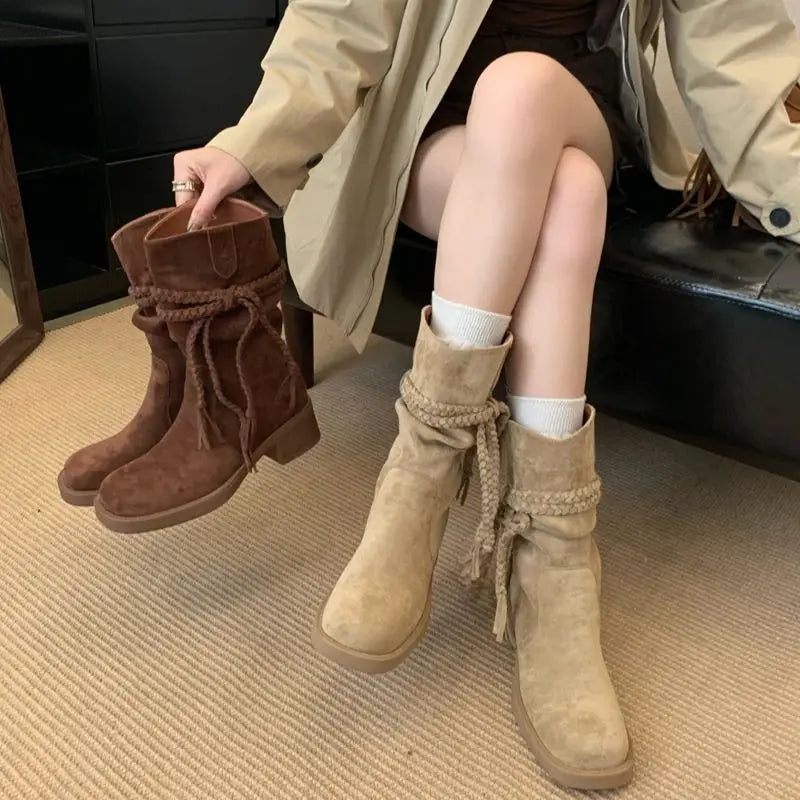 Brown Suede Boots Woman Round Toe Chunky Heels Boots Fall Black Rocks Shoes Botas Western Cowboy Feminina