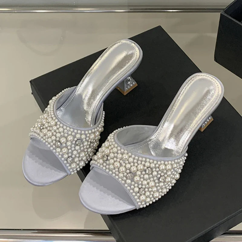 White Pearl Sandals Open Toe Crystal Rhinestone Low Heels Mules Party