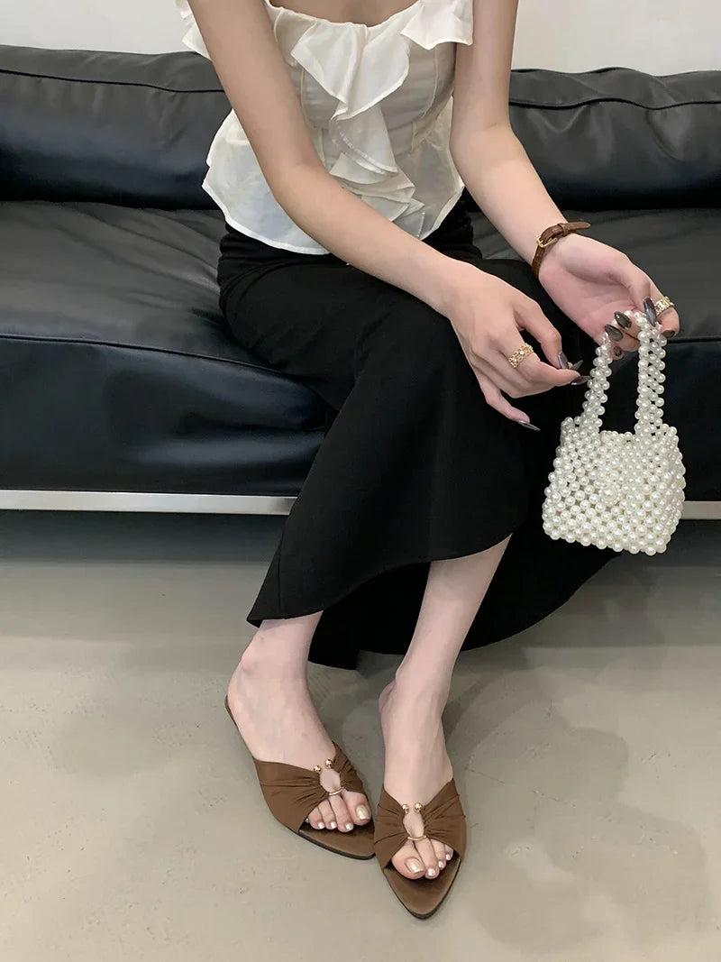 Pleated Silk Hollow Out Metal Buckle Slippers Sandal Pointed Toe Low Thin Heels Beach Party