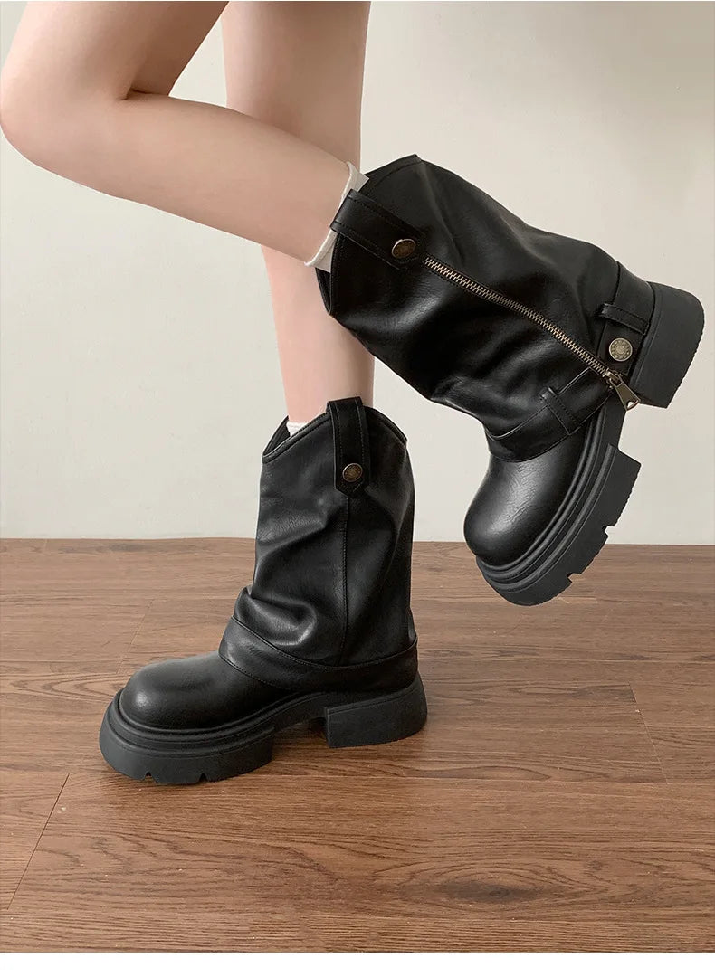 Knee High Boots Western Round Toe Long Boots Western Shoes Chunky Heel Platform