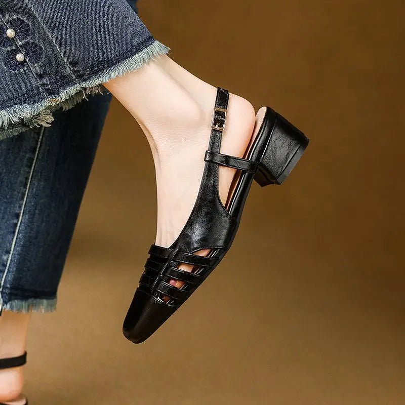 Design Vintage Square Toe Block Heels 3.5cm Back Buckle Strap Big Size 43 Dating Shoes 31 32