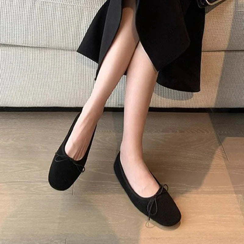 square toe suede leather fur flats elegant bowtie ballerina shoes warm plush mocasines slip on furry loafers