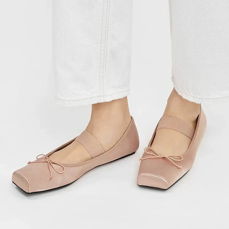 sweet pink silk flat shoes woman square toe bowtie ballet flats silver leather mary janes shoes elastic band moccasions