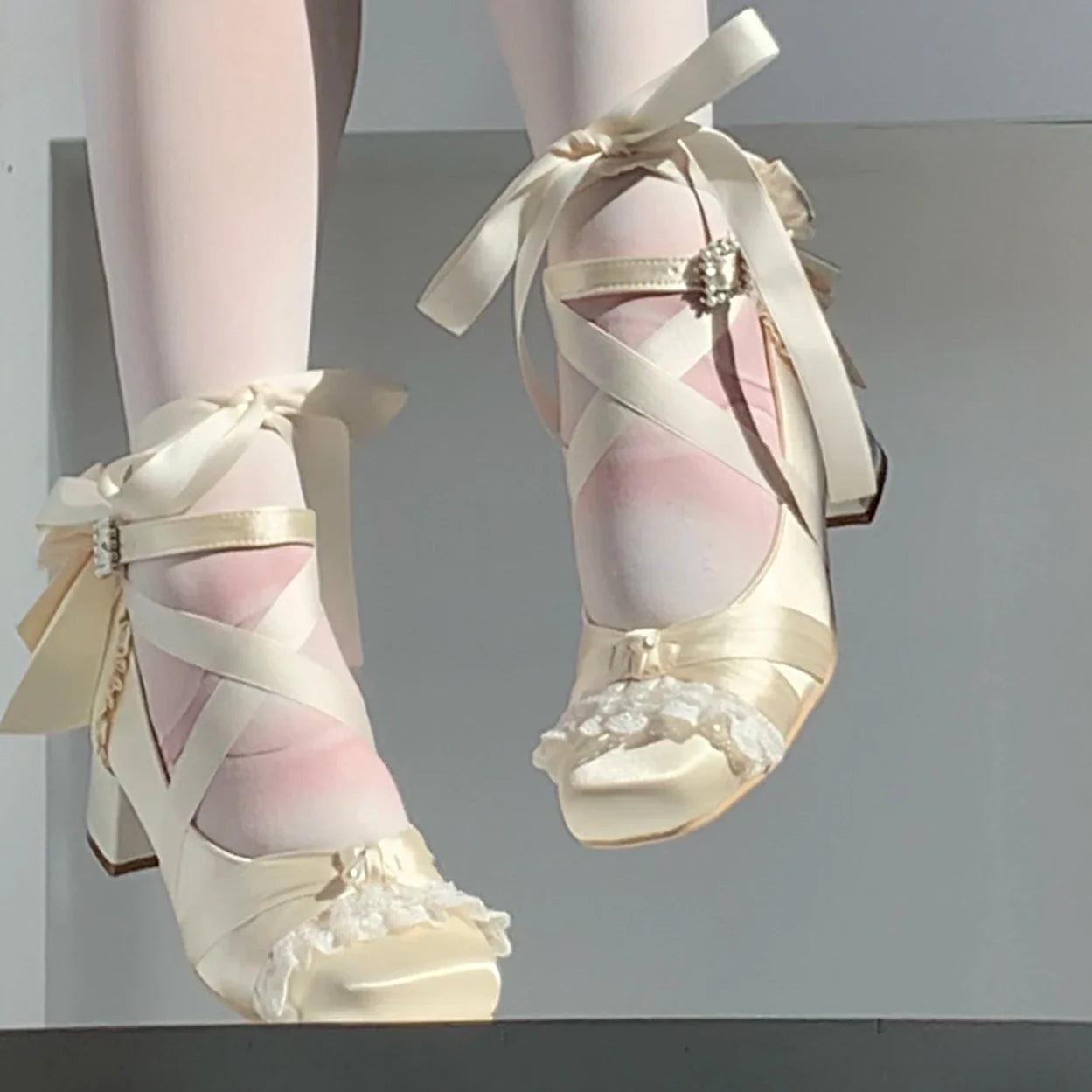 Pink Lolita Shoes Ballet Thick Heel High Heels Mary Jane Shoes Satin Elegant Platform Waterproof Pumps Original