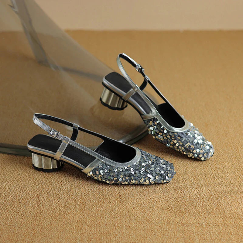 Blingbling square toe slingbacks strange heel slip on