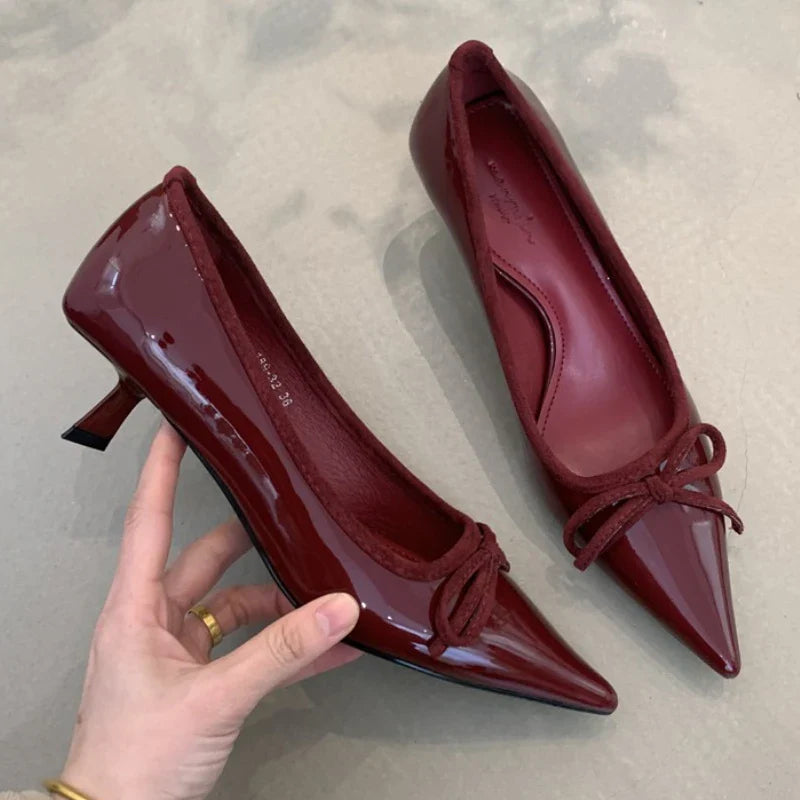 Pointed Toe Pumps Single Shoes Bowknot Patent Leather Office Shallow Elegant Brand High Heels Tacones