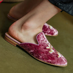 embroidery velvet slip-on flats mules round toe pigskin inside sheepskin insole casual sandals shoes woman