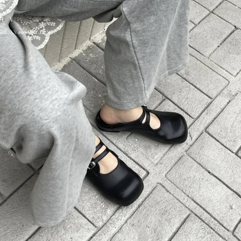 Vintage Slip On Loafers Casual Square Toe Ankle Strap Buckle Mary Jane Shoes Chunky Low Heel Pumps