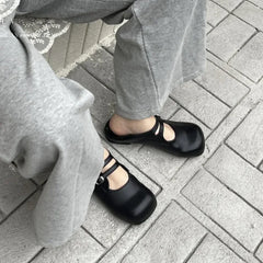 Vintage Slip On Loafers Casual Square Toe Ankle Strap Buckle Mary Jane Shoes Chunky Low Heel Pumps