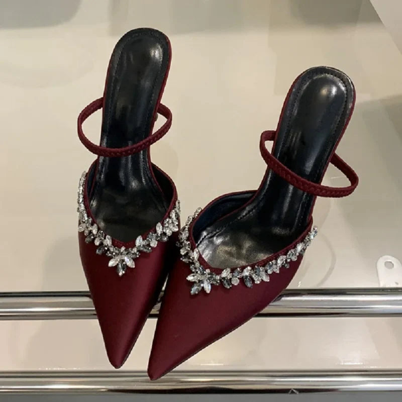 Pointed Toe Slippers Crystal Thin Heels Party Dress Mule shoes