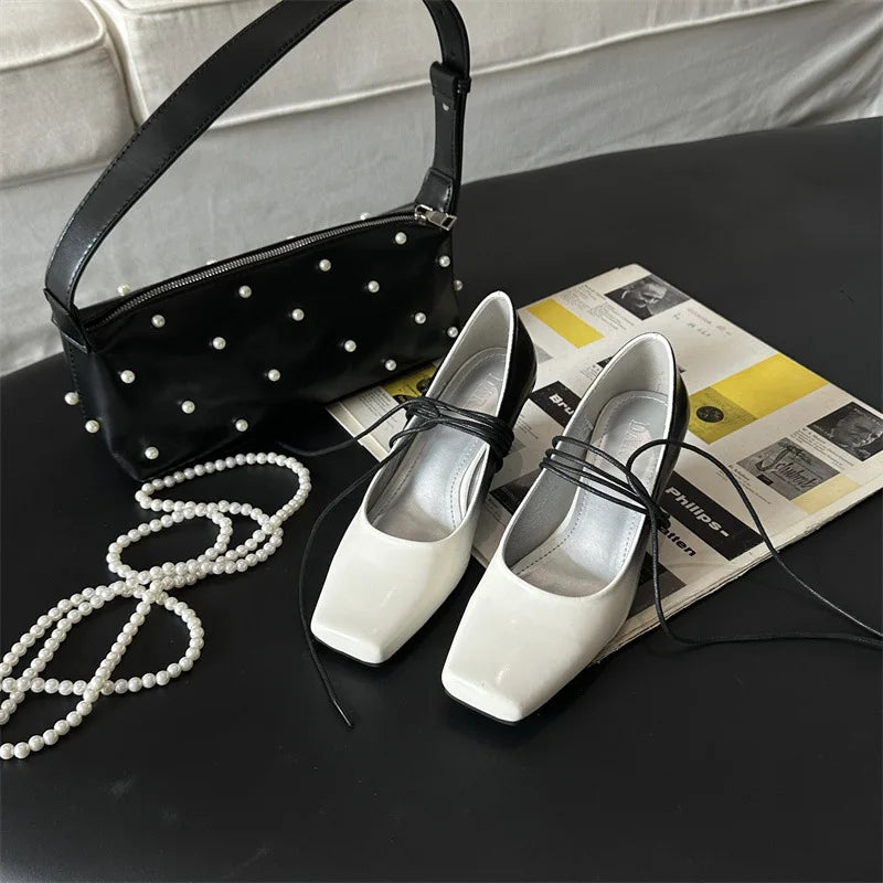 Square-toed Mary Jane Shoes Mixed Colors Slingback Shoes Retro Ankle Straps High Heels Mary Jane