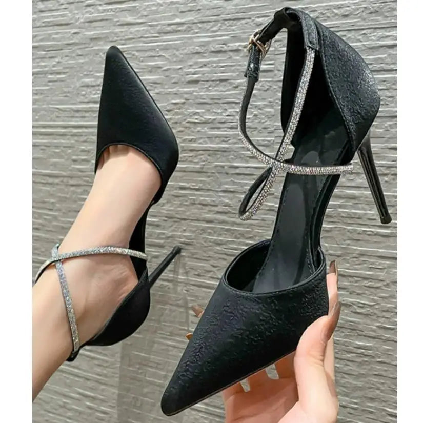Rhinestone High Heels Pumps Buckle Wedding Shoes Pointed Stiletto Heel T-Heel Sandals