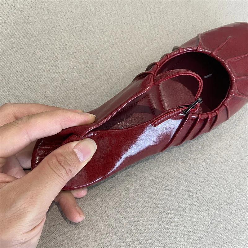 Pleated Mary Janes Flats Shoes Square Toe Pu Leather Comfortable Elegant Red Shoes Shallow Black Ballet Flats