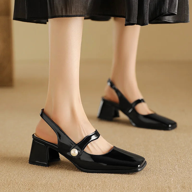 Slingback Sandals Square Toe Patent Leather Block High Heeled Mary Jane Shoes Gold Silver